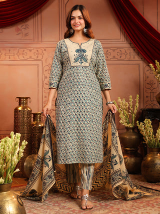Women Ethnic Motifs Printed Regular Pure Cotton Kurta with Trousers & With Dupatta