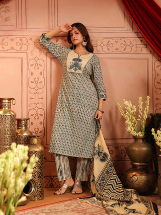 Women Ethnic Motifs Printed Regular Pure Cotton Kurta with Trousers & With Dupatta