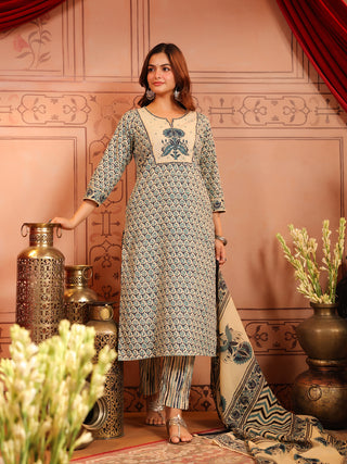 Women Ethnic Motifs Printed Regular Pure Cotton Kurta with Trousers & With Dupatta