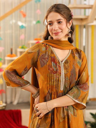 Mustard Floral Chanderi A-Line Kurta Set with Pocket