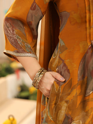 Mustard Floral Chanderi A-Line Kurta Set with Pocket
