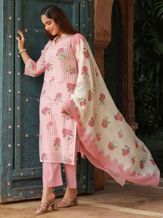 Pink Floral Print 3-Piece Straight Kurta Set