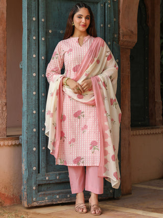 Pink Floral Print 3-Piece Straight Kurta Set