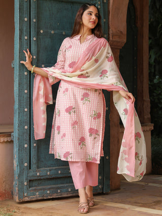 Pink Floral Print 3-Piece Straight Kurta Set