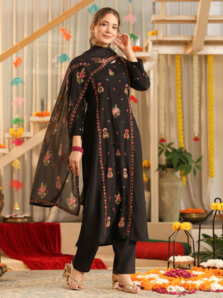 Black Embroidered Poly Silk Straight Kurta Set