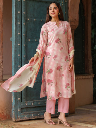 Pink Floral Print 3-Piece Straight Kurta Set