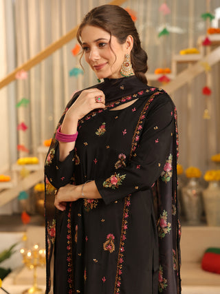 Black Embroidered Poly Silk Straight Kurta Set