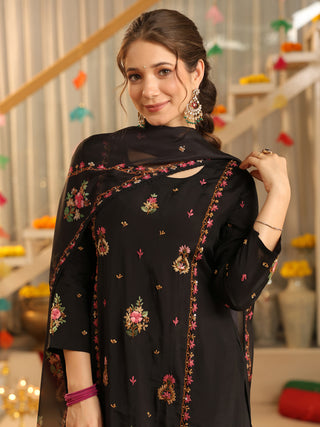 Black Embroidered Poly Silk Straight Kurta Set