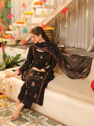 Black Embroidered Poly Silk Straight Kurta Set