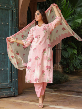Pink Floral Print 3-Piece Straight Kurta Set