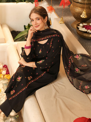 Black Embroidered Poly Silk Straight Kurta Set