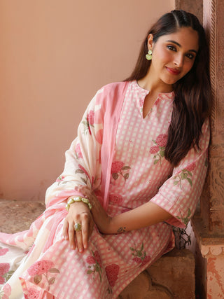 Pink Floral Print 3-Piece Straight Kurta Set