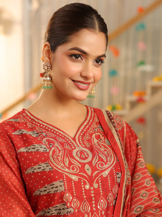 Red Panel Print Straight Kurta Set with Pant Pocket