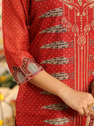 Red Panel Print Straight Kurta Set with Pant Pocket