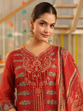 Red Panel Print Straight Kurta Set with Pant Pocket
