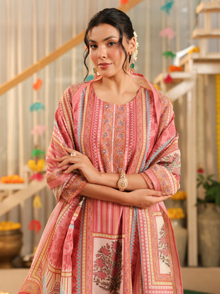 Pink Panel Print Straight Kurta Set with Pant Pocket