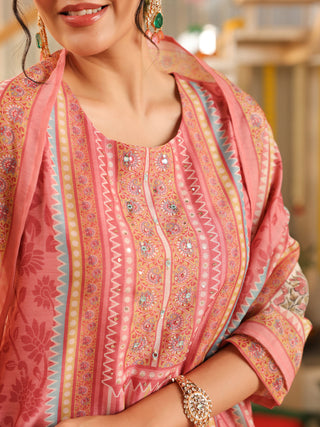 Pink Panel Print Straight Kurta Set with Pant Pocket