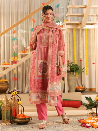 Pink Panel Print Straight Kurta Set with Pant Pocket