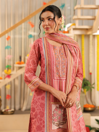 Pink Panel Print Straight Kurta Set with Pant Pocket