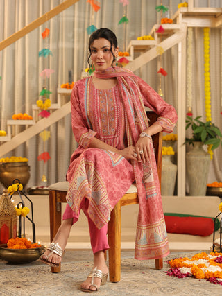 Pink Panel Print Straight Kurta Set with Pant Pocket