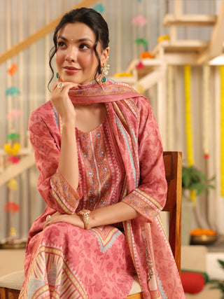 Pink Panel Print Straight Kurta Set with Pant Pocket