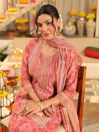 Pink Panel Print Straight Kurta Set with Pant Pocket