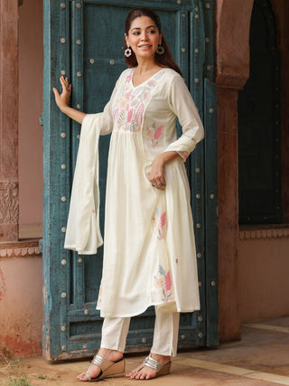 White Floral Embroidered 3-Piece Anarkali Kurta Set