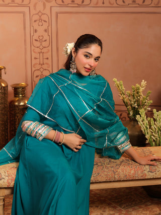 Teal Solid Fit & Flare 3-Piece Anarkali Kurta Set