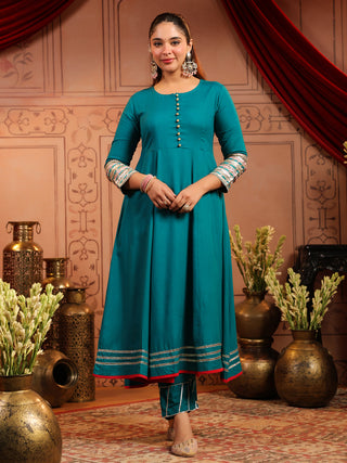 Teal Solid Fit & Flare 3-Piece Anarkali Kurta Set