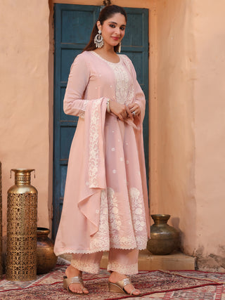Peach Embroidered Lace 3-Piece Anarkali Kurta Set