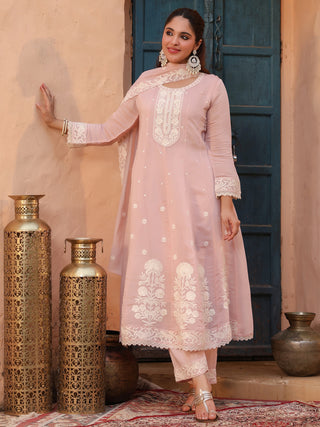 Peach Embroidered Lace 3-Piece Anarkali Kurta Set