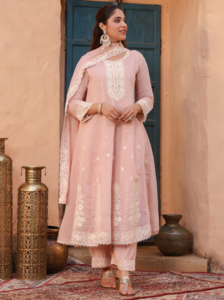 Peach Embroidered Lace 3-Piece Anarkali Kurta Set