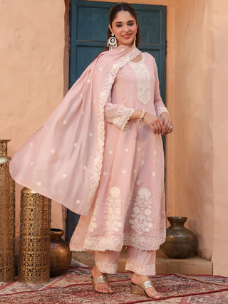Peach Embroidered Lace 3-Piece Anarkali Kurta Set