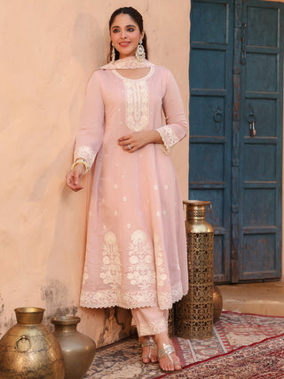 Peach Embroidered Lace 3-Piece Anarkali Kurta Set
