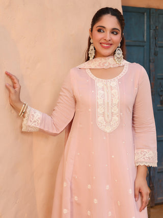 Peach Embroidered Lace 3-Piece Anarkali Kurta Set