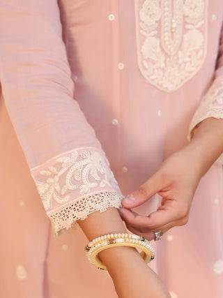 Peach Embroidered Lace 3-Piece Anarkali Kurta Set