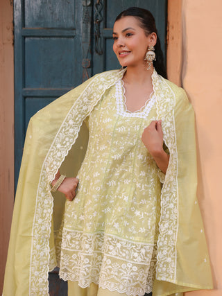 Lime Floral Embroidered Lace 3-Piece Straight Kurta Set