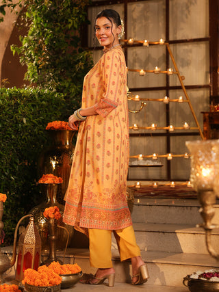 Yellow Panel Print Chanderi Straight Kurta Set With Pant Pocket