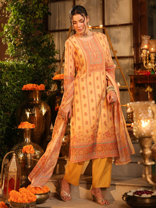 Yellow Panel Print Chanderi Straight Kurta Set With Pant Pocket