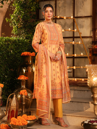Yellow Panel Print Chanderi Straight Kurta Set With Pant Pocket
