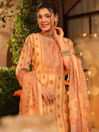 Yellow Panel Print Chanderi Straight Kurta Set With Pant Pocket