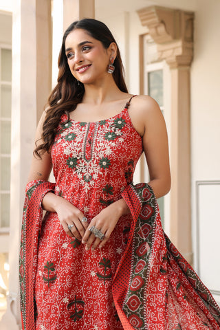 Women Ethnic Motifs Printed Regular Beads and Stones Pure Cotton Kurta with Trousers & With Dupatta