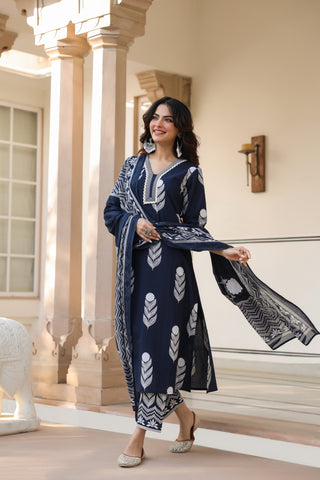 Ethnic Motifs Printed Pure Cotton Kurta with Trousers & With Dupatta