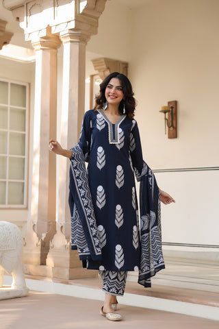 Ethnic Motifs Printed Pure Cotton Kurta with Trousers & With Dupatta