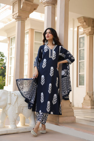 Ethnic Motifs Printed Pure Cotton Kurta with Trousers & With Dupatta