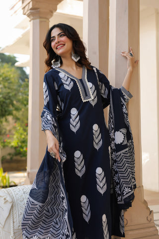 Ethnic Motifs Printed Pure Cotton Kurta with Trousers & With Dupatta