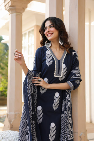 Ethnic Motifs Printed Pure Cotton Kurta with Trousers & With Dupatta