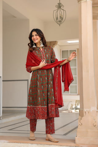 Women Ethnic Motifs Printed Regular Pure Cotton Kurta with Trousers & With Dupatta