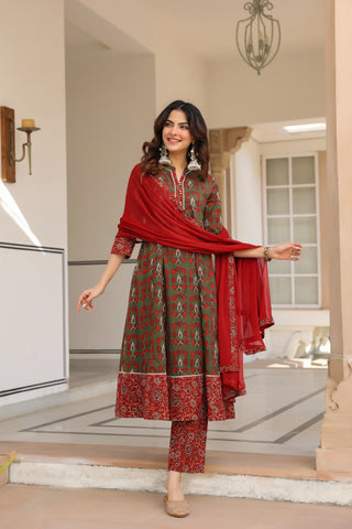 Women Ethnic Motifs Printed Regular Pure Cotton Kurta with Trousers & With Dupatta