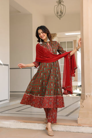 Women Ethnic Motifs Printed Regular Pure Cotton Kurta with Trousers & With Dupatta
